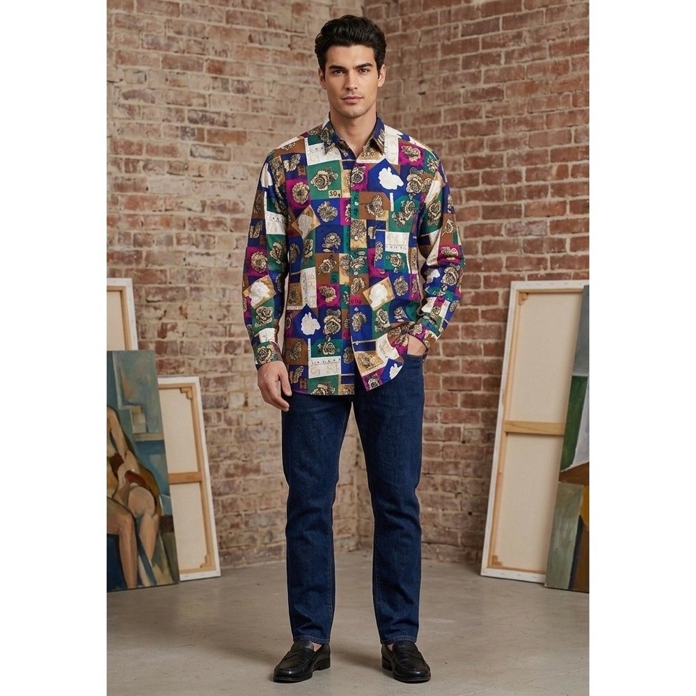 Pierre Cardin Mens Small Button-Up Long Sleeve Floral Geometric Colorful Shirt